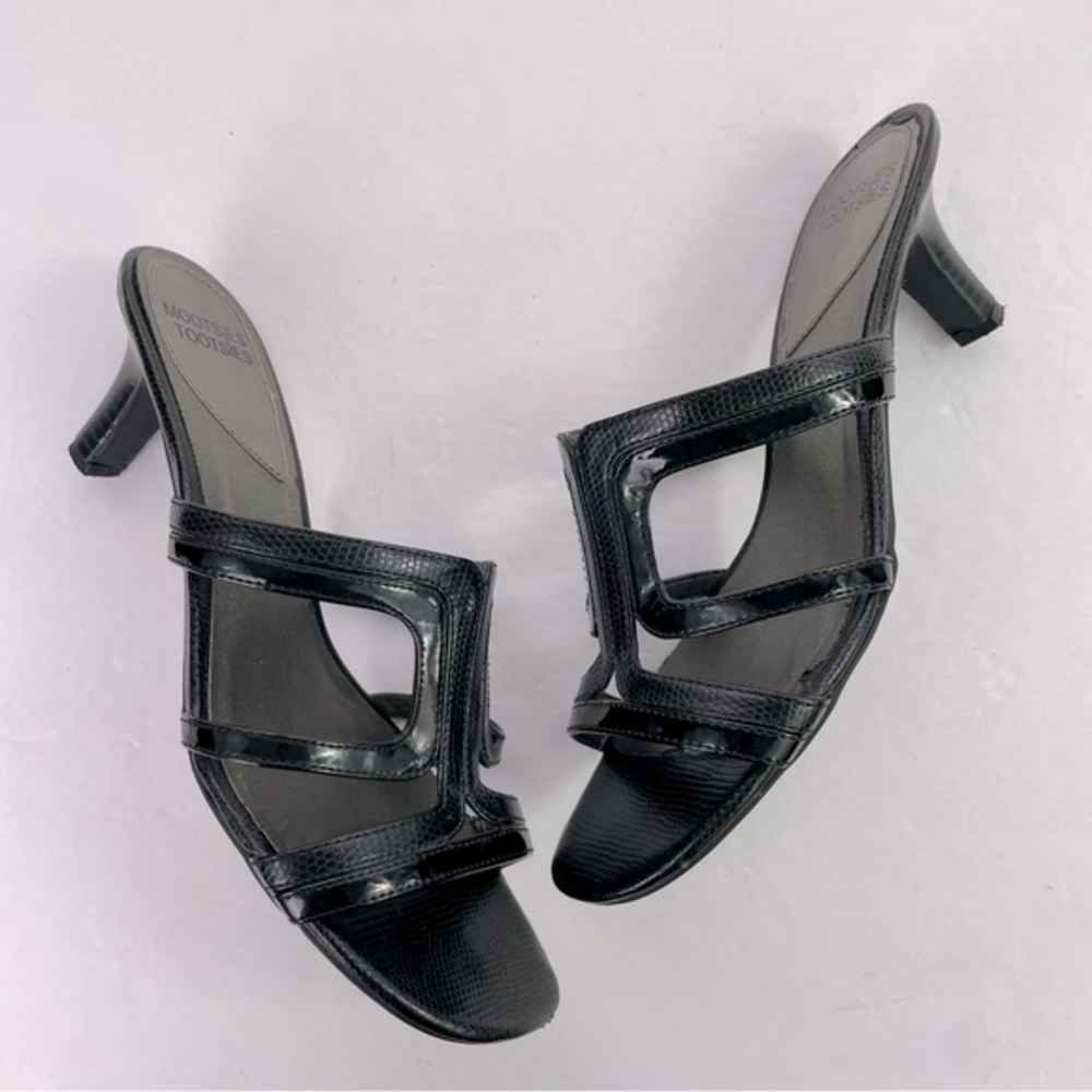 Mootsies Tootsies Black Snakeskin and Patent Leather Slide Heeled Sandals
